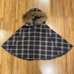 Eichitoo Genuine Fur Trim Navy Plaid Tartan Cape Cloak Fits S-M